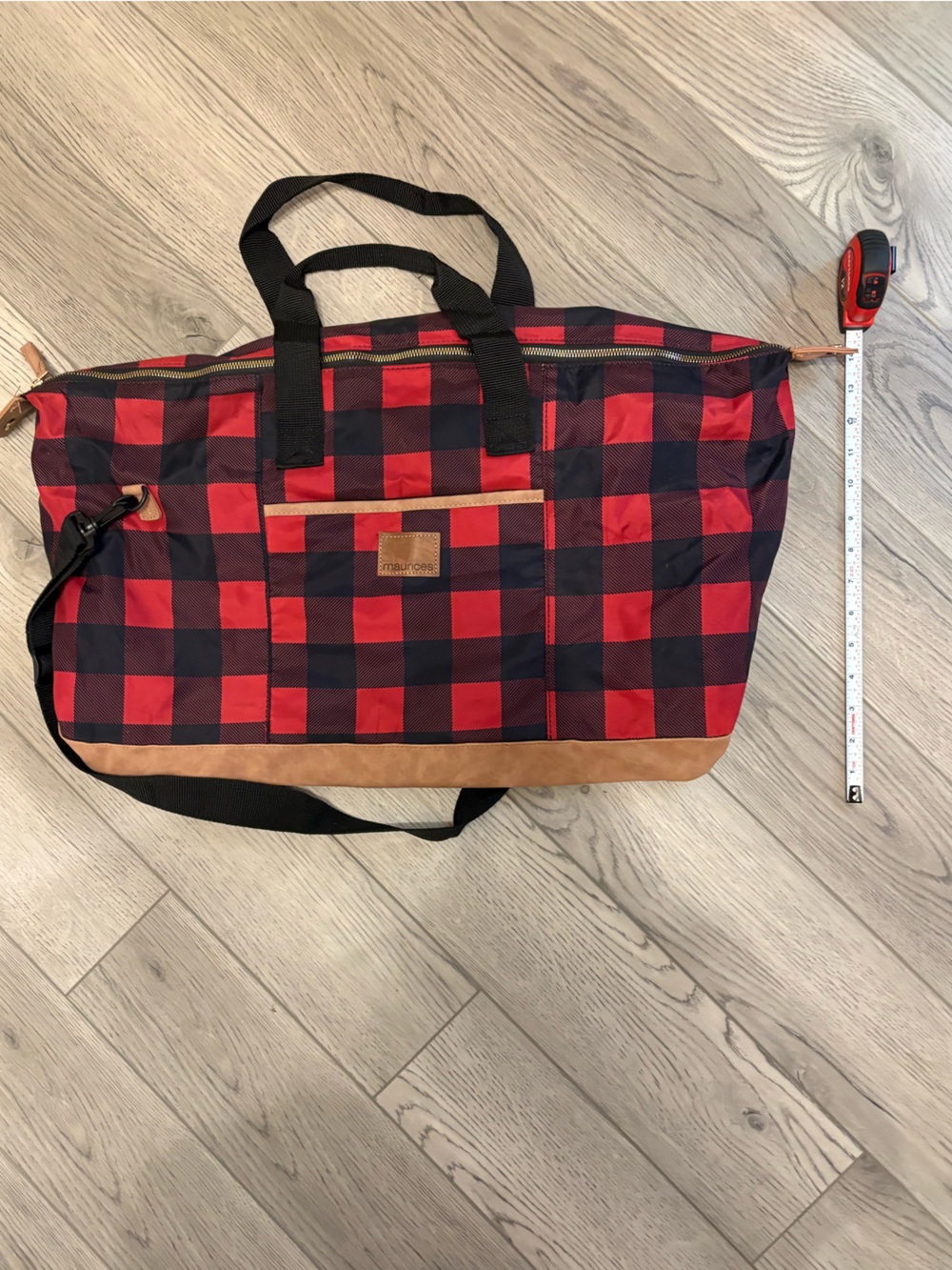 Maurices Red and Black Buffalo Plaid Faux Leather Travel Duffel Bag - Picture 3 of 4